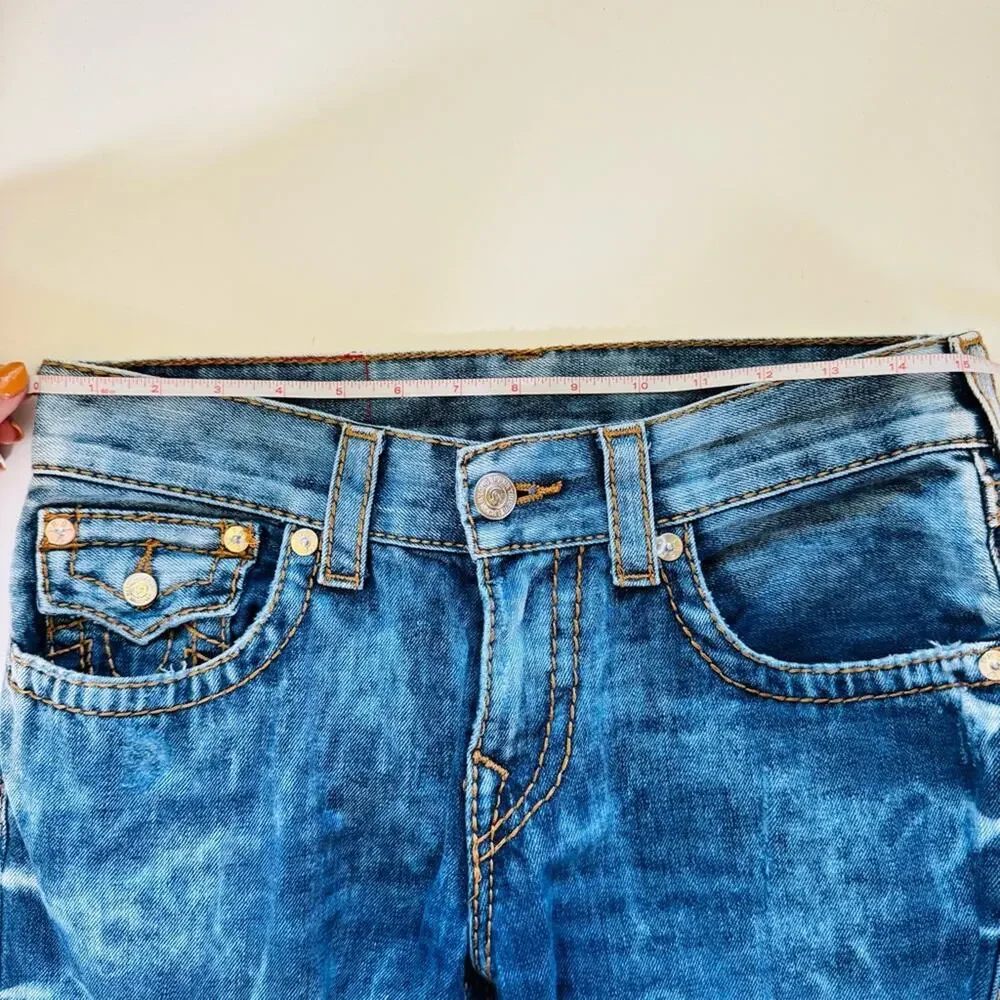 TRUE RELIGION MENS Blue White Acid Wash Relaxed Straight Leg Flap Denim Jeans 29